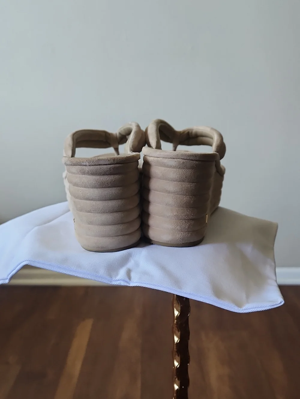 Veronica Beard Suede Beige Platform Wedge Thong Sandals